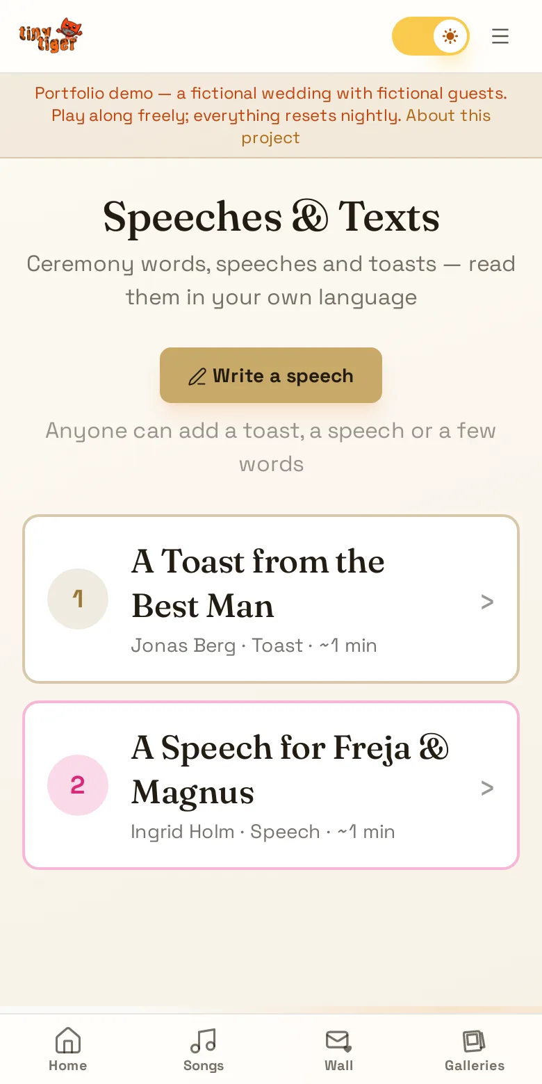Speeches & toasts — screen from the live app